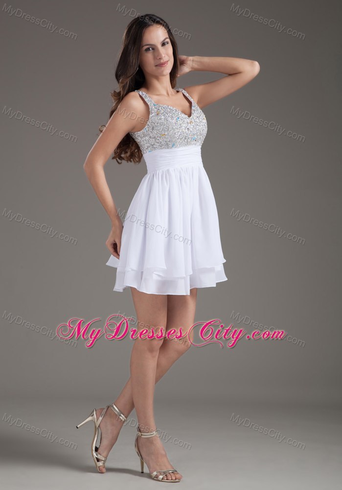 White Chiffon Short A-line Prom Dress With Beaded Straps