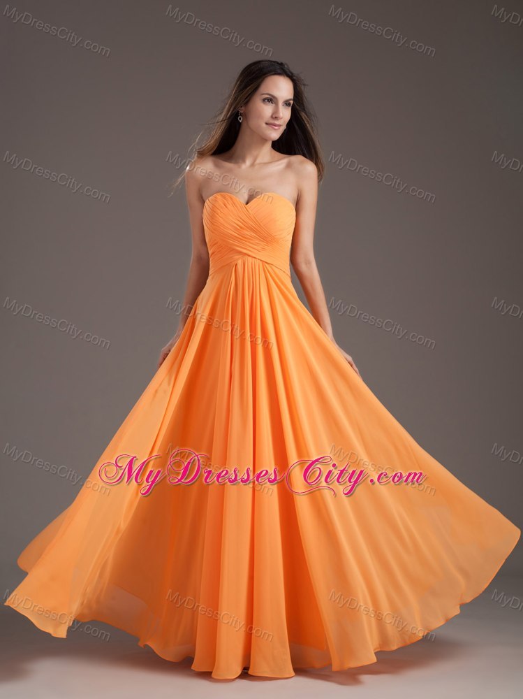 Ruched Chiffon Sweetheart Neck Orange Long Prom Gowns