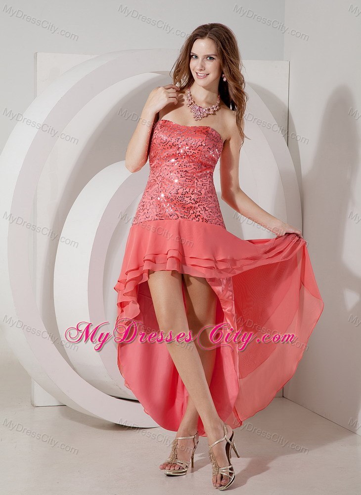 High-low Watermelon Beading Cocktail Dress Strapless