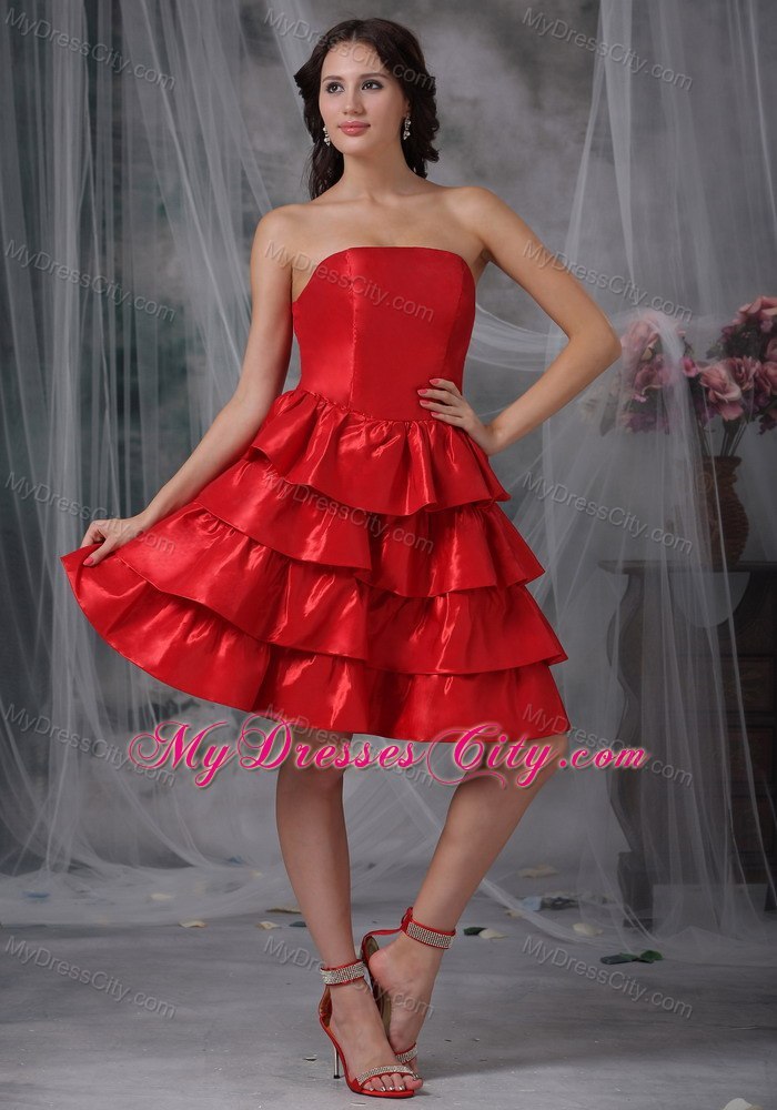 Red A-line Strapless Knee-length Ruffled Layers Cocktail Dress