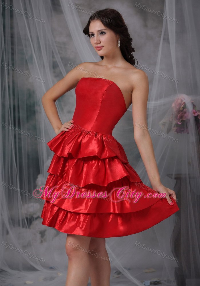 Red A-line Strapless Knee-length Ruffled Layers Cocktail Dress