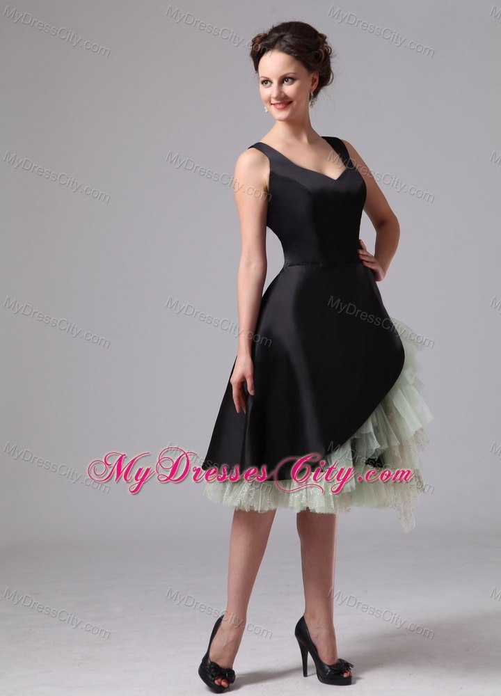 Black Straps Knee-length Cocktail Dress with Asymmetrical Ruffles