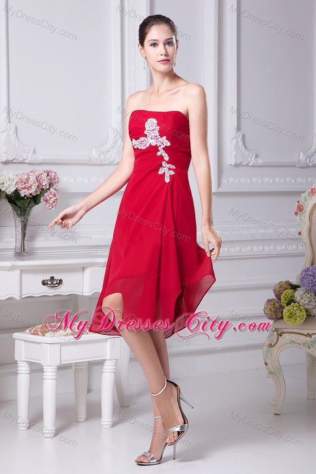 Strapless Red Chiffon Asymmetric Cocktail Dress with Appliques