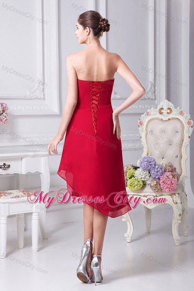 Strapless Red Chiffon Asymmetric Cocktail Dress with Appliques