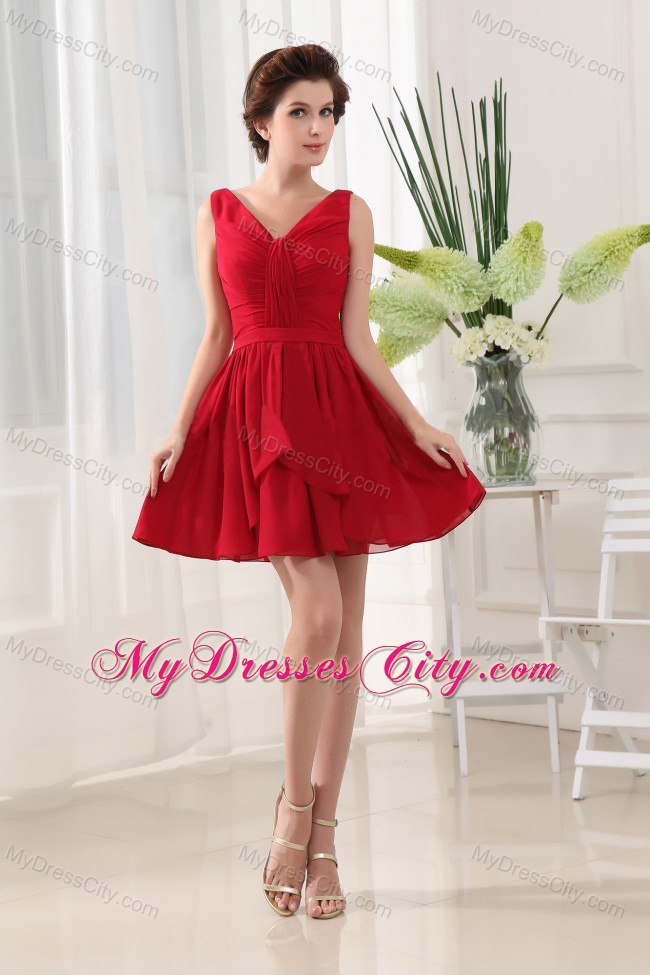 Red V-neck Cocktail Dress With Mini-length and Ruffles