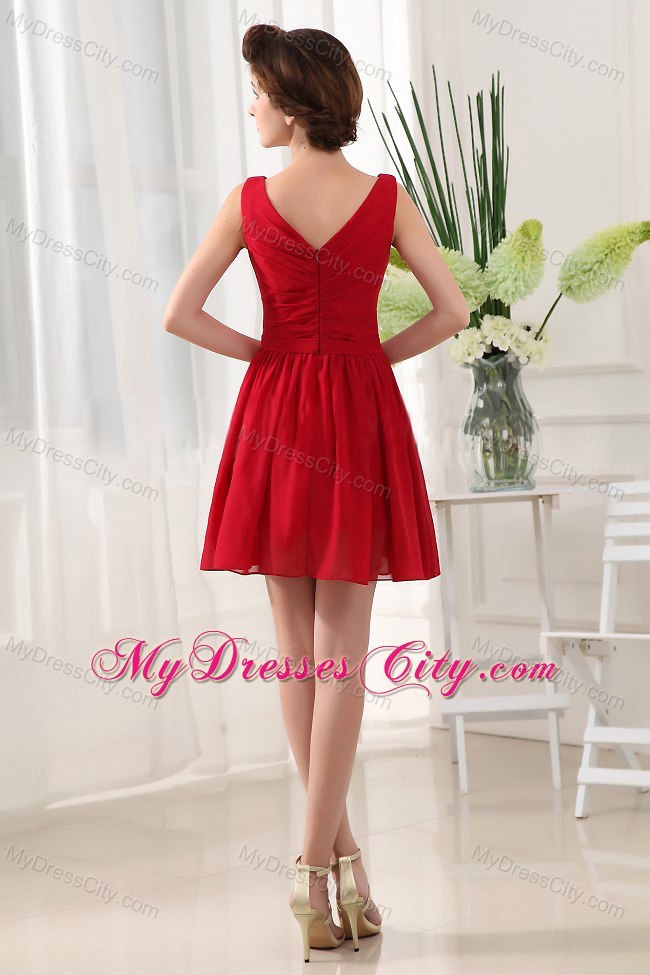 Red V-neck Cocktail Dress With Mini-length and Ruffles