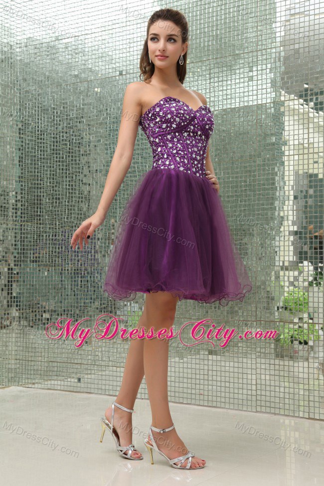 Beaded Sweetheart Purple Cocktail Dress for Knee-length