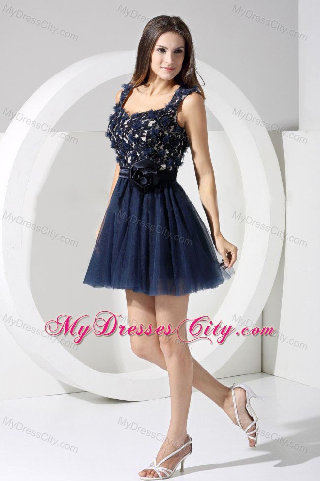 Straps Lace Handmade Flowers Navy Blue Short Backless Cocktail Dress