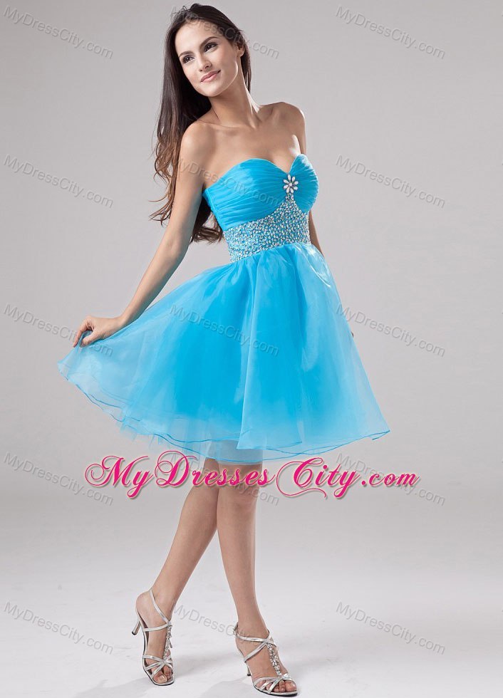 Sweetheart Mini-length Organza Blue Prom Cocktail Dresses with Beading