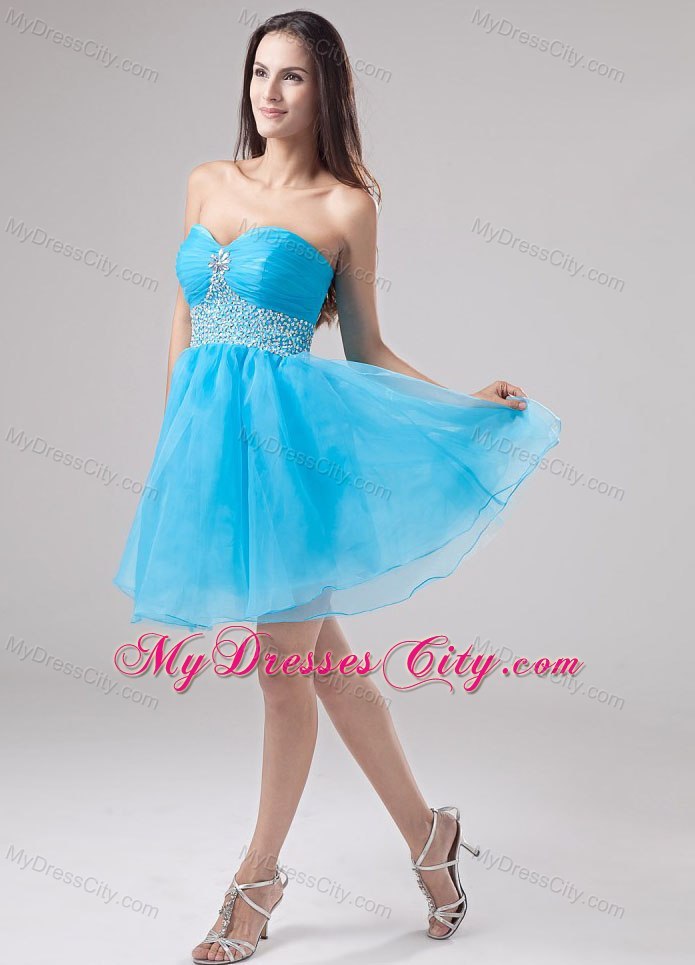 Sweetheart Mini-length Organza Blue Prom Cocktail Dresses with Beading