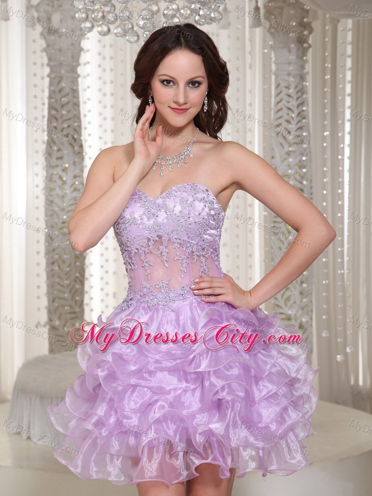 Beaded Ruffleed Lilac Cocktail Dress with Sweetheart and Appliques