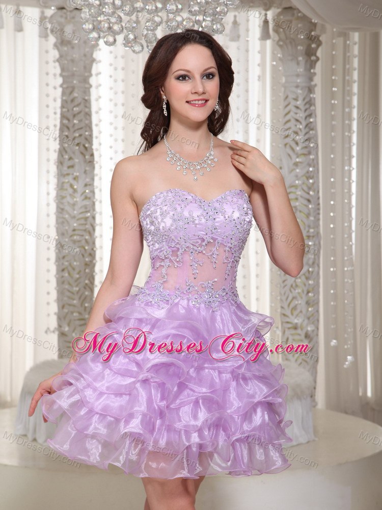 Beaded Ruffleed Lilac Cocktail Dress with Sweetheart and Appliques