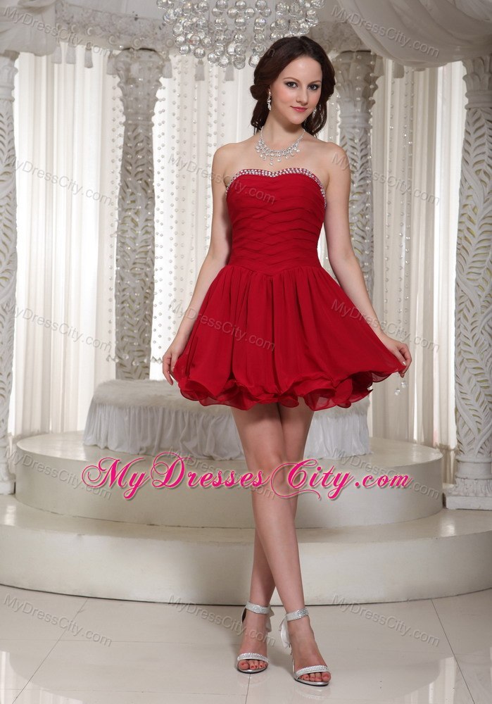 Chiffon Ruched Beading Strapless Cool Back Red Cocktail Evening Dress