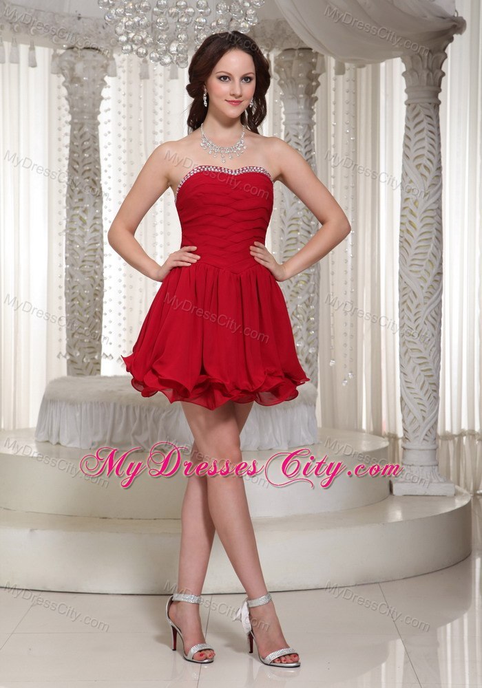 Chiffon Ruched Beading Strapless Cool Back Red Cocktail Evening Dress