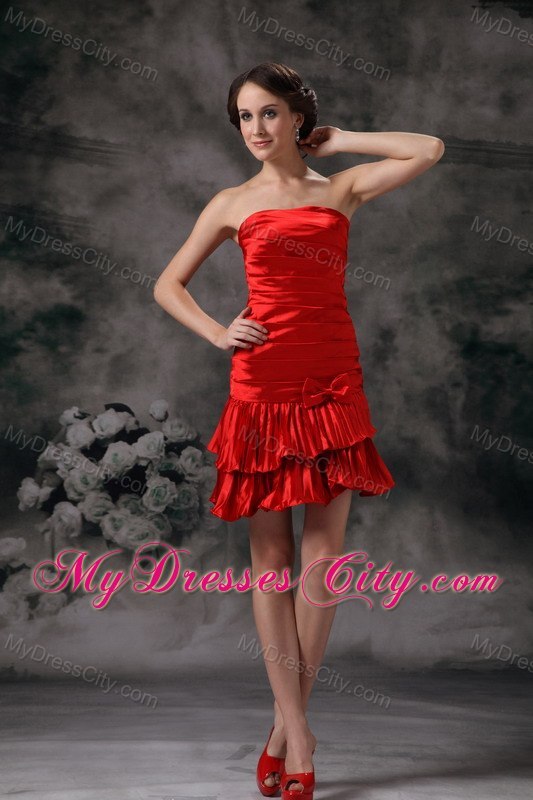 Ruche Mini-length Strapless Bowknot Red Cocktail Dress Made by Taffeta