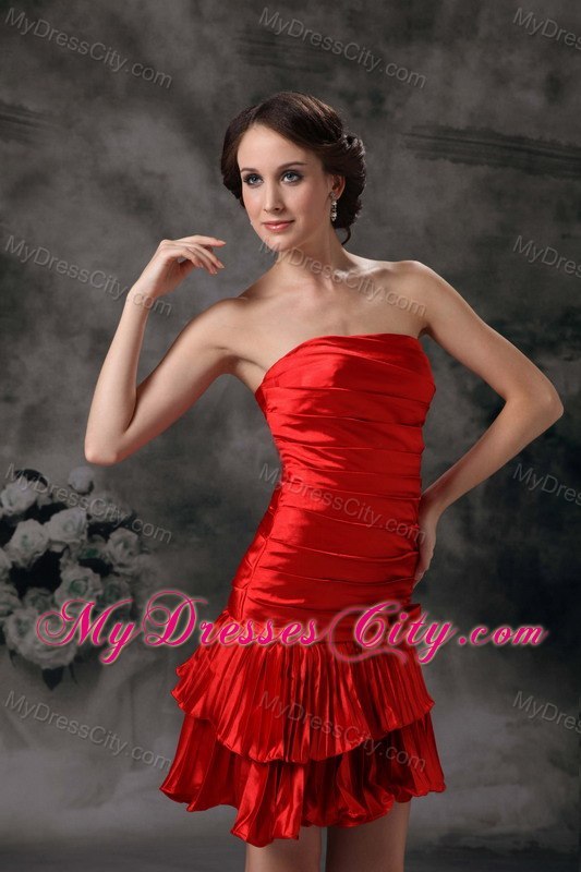 Ruche Mini-length Strapless Bowknot Red Cocktail Dress Made by Taffeta