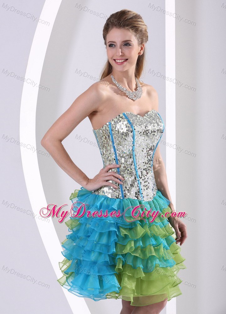 Ruffles Sequin Layered Sweetheart Multi-color Cocktail Dress for Prom