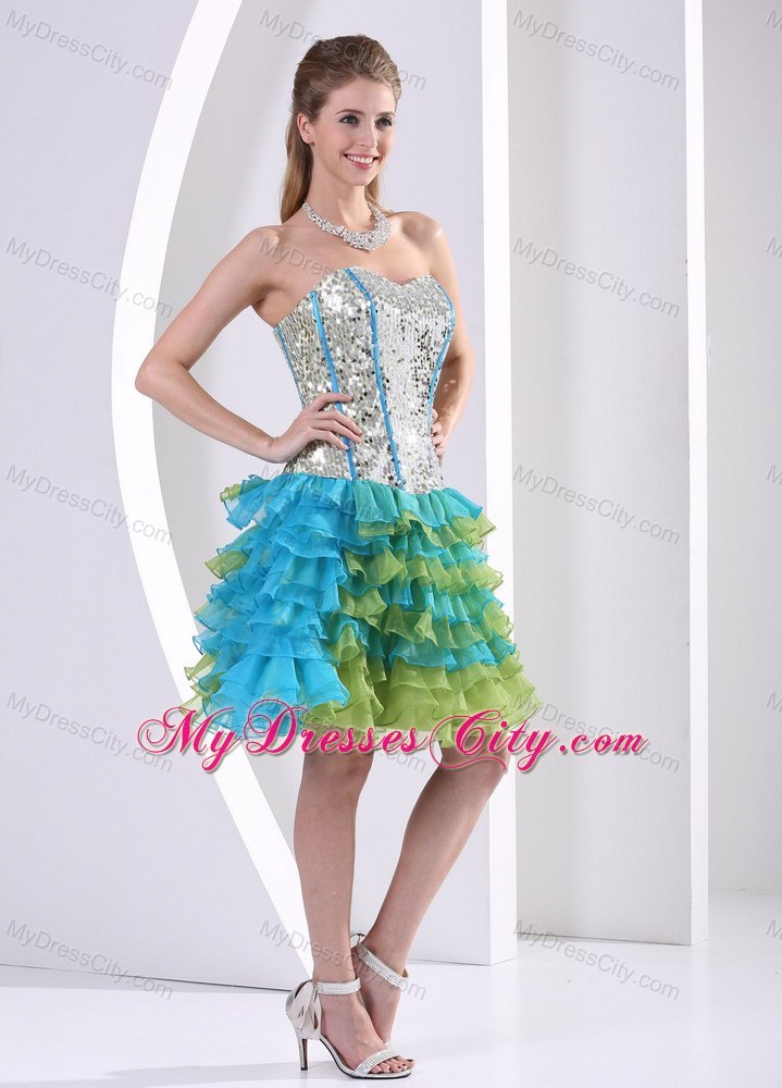 Ruffles Sequin Layered Sweetheart Multi-color Cocktail Dress for Prom
