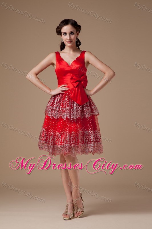 Bowknot V-neck Beading Knee-length Layered Satin Prom Cocktail Dress
