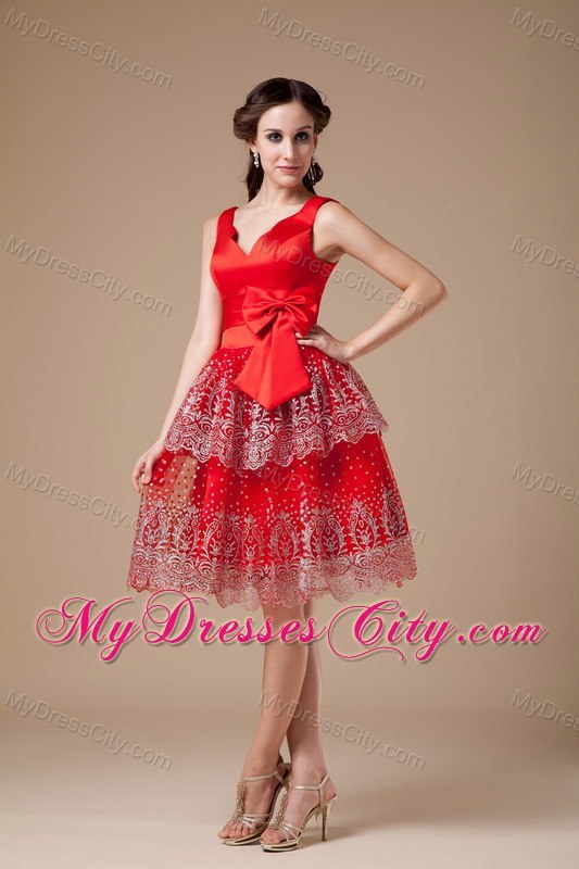 Bowknot V-neck Beading Knee-length Layered Satin Prom Cocktail Dress