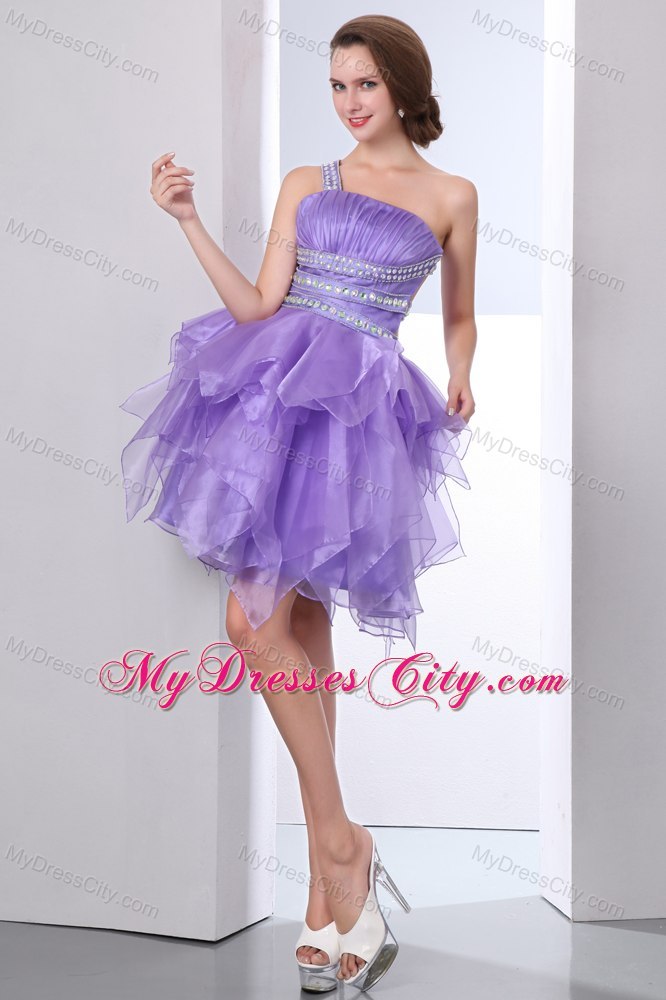 Lavender One Shoulder Evening Cocktail Dress with Cutout Back Ruffles