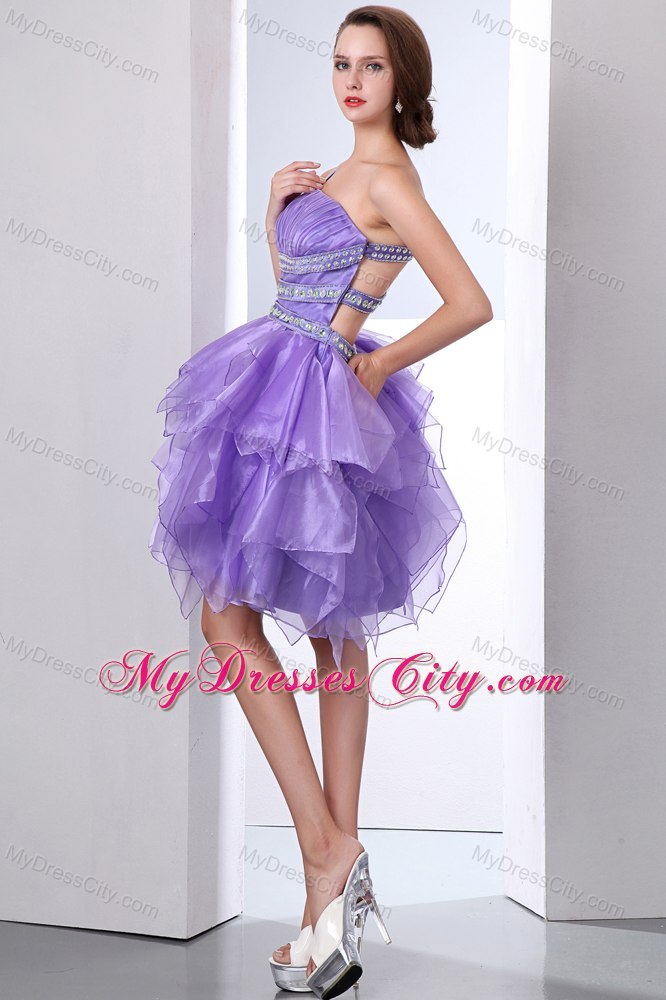 Lavender One Shoulder Evening Cocktail Dress with Cutout Back Ruffles