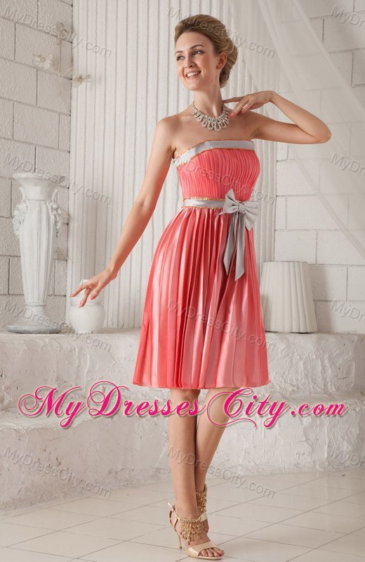 Watermelon Red Strapless Sash Pleat Homecoming Cocktail Dresses