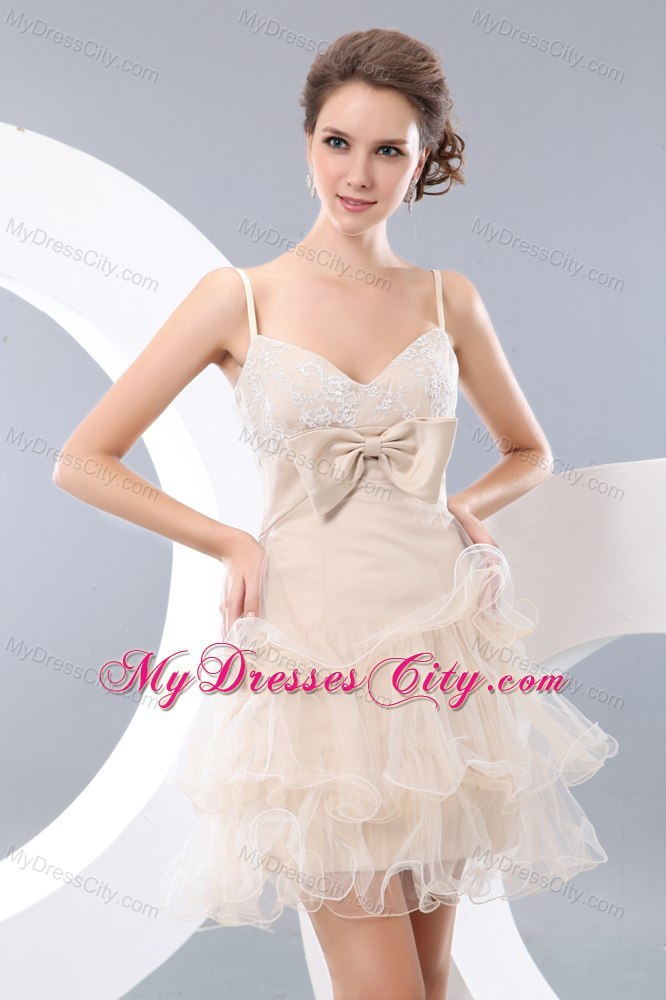 Champagne Spaghetti Straps Bowknot Ruffled Layers Cocktail Dress