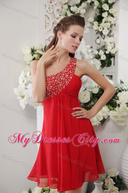 Empire One Shoulder Beaded Red Chiffon Cocktail Reception Dresses