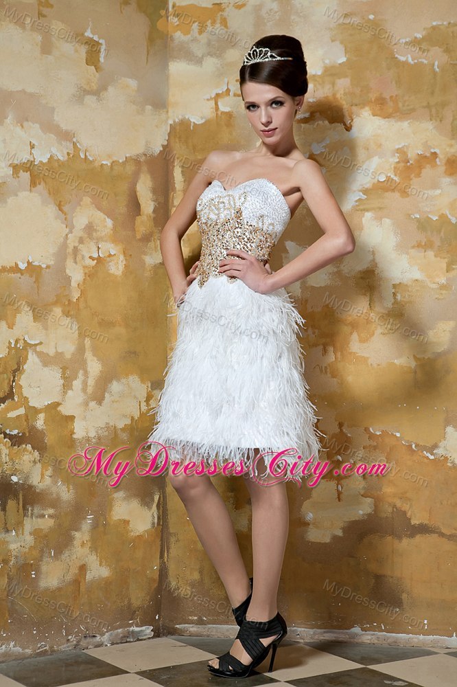 White Column Sweetheart Feather and Beaded Cocktail Dress for Celebrity