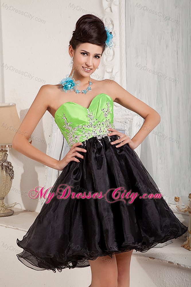 Mini-length Black and Spring Green Cocktail Dress with Appliques and Beading