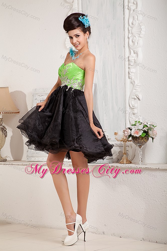Mini-length Black and Spring Green Cocktail Dress with Appliques and Beading