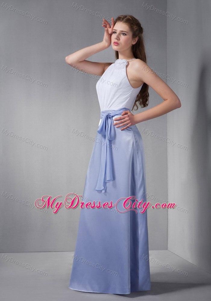 Ruched Chiffon Sash White and Lilac Damas Dresses with Cool Neckline