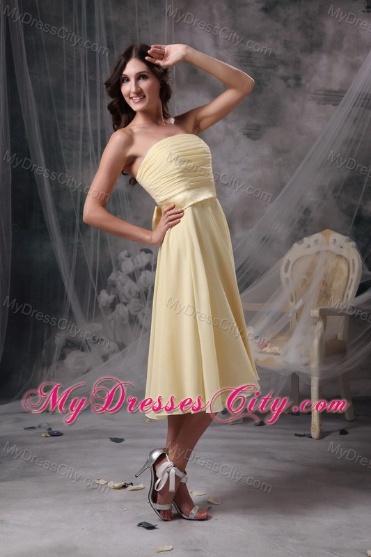 Light Yellow Chiffon Ruched Tea-length Dama Dress with Bowknot Sash