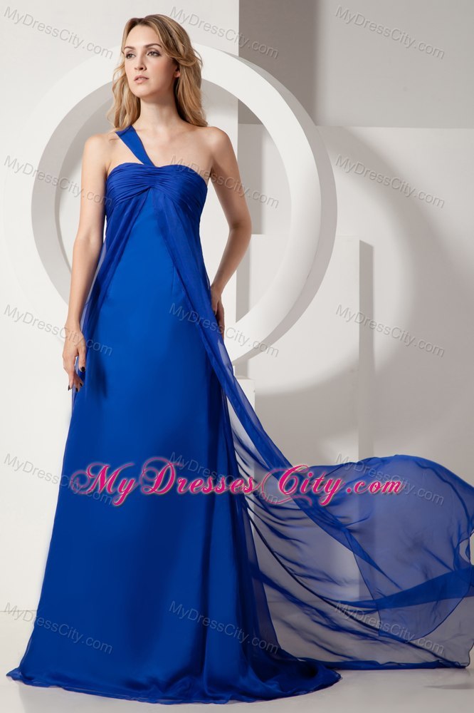 Ruched One Shoulder Brush Train Royal Blue Formal Dresses for Dama