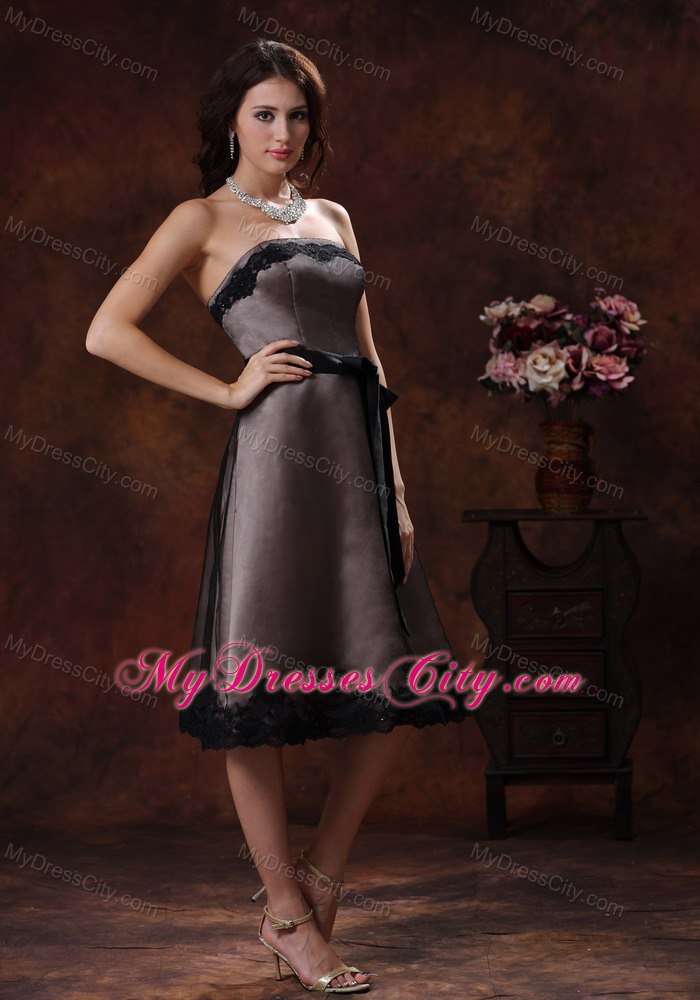 Tea-length Strapless Sash Mother Of The Bride Dress with Lace