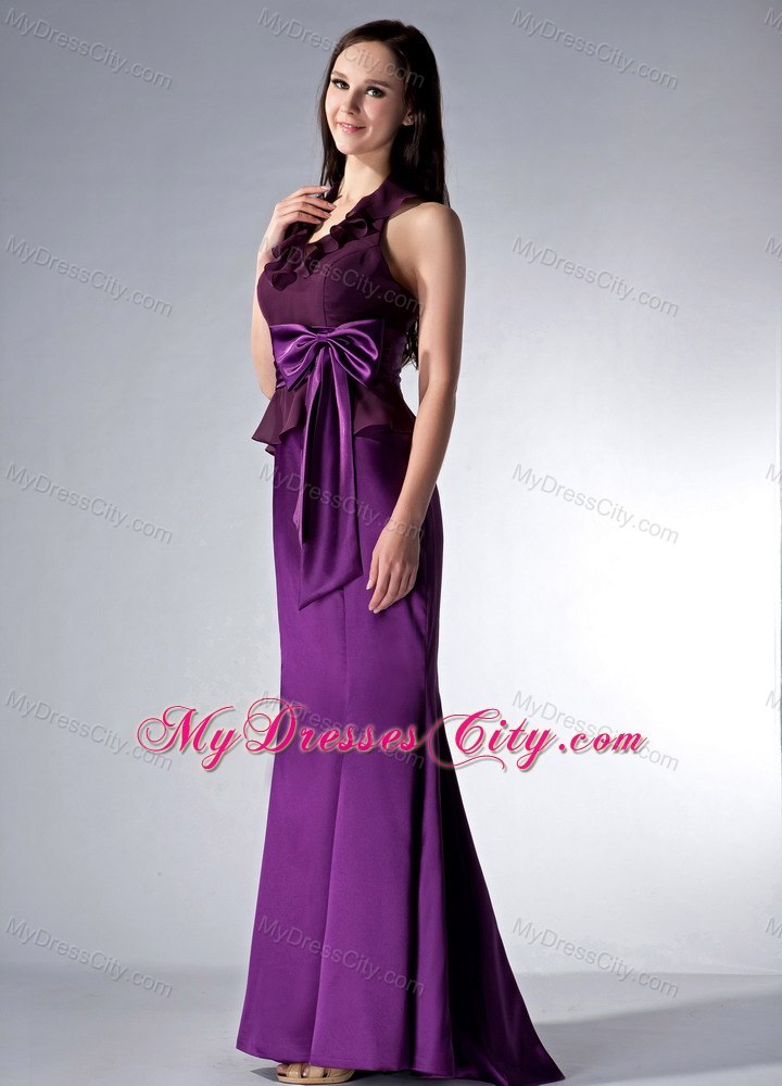 Eggplant Purple Brush Train Halter Evening Dresses with Bow