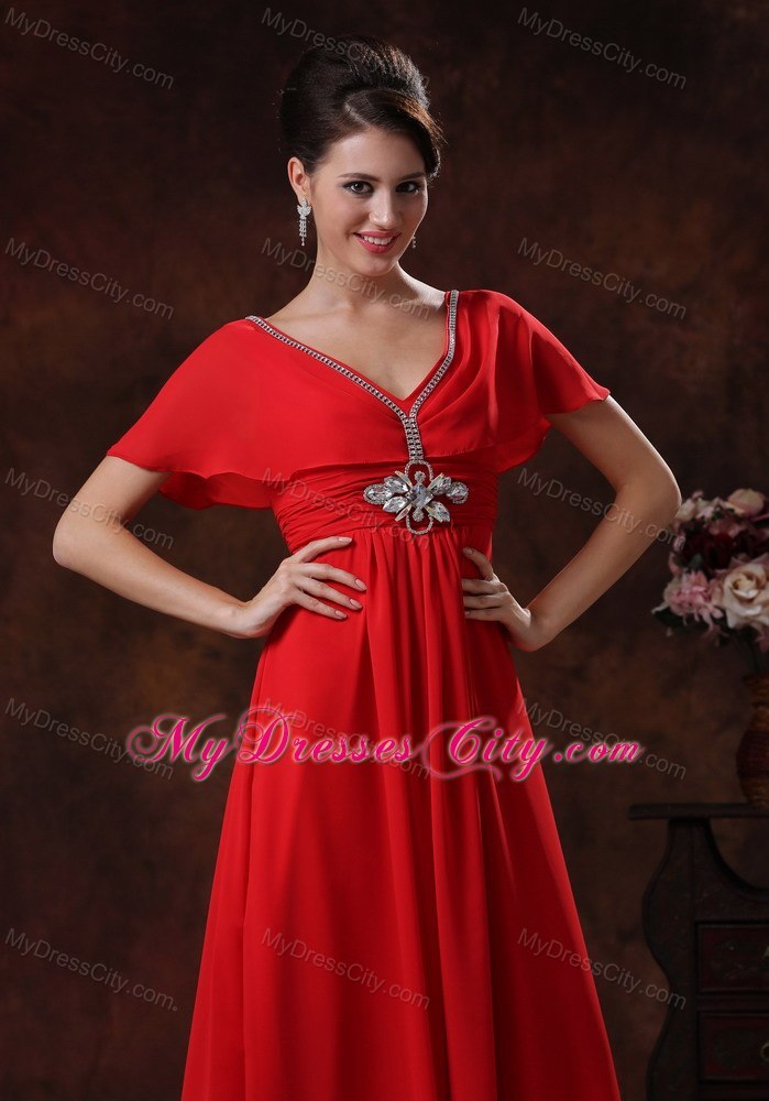 Red V-neck Chiffon Maxi Evening Dress With Short Sleeves - MyDressCity.com