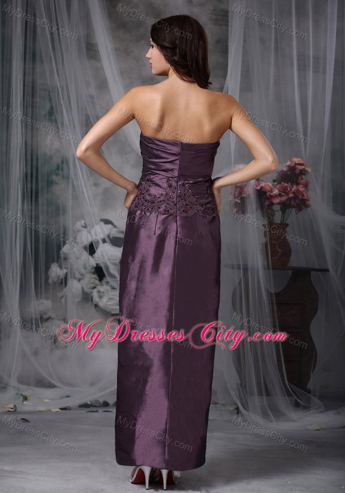 Dark Purple Column Strapless Ankle-length Taffeta Mather Of The Bride Dress with Appliques