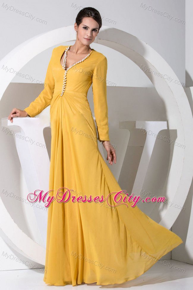 Yellow V-neck Beading Decorate Bodice Chiffon Floor-length Mother Dress with Long Sleeves