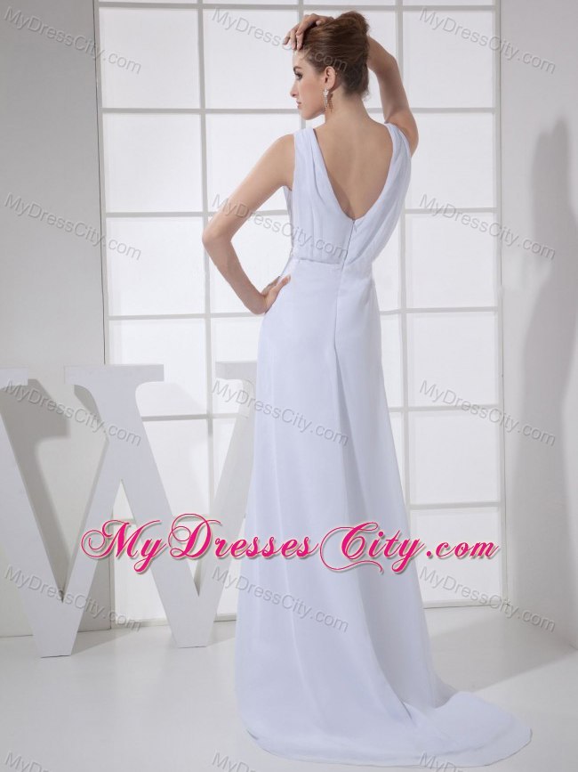 White Brush Train Bateau Neck Wedding Outfits for Brides Mothers With Ruche