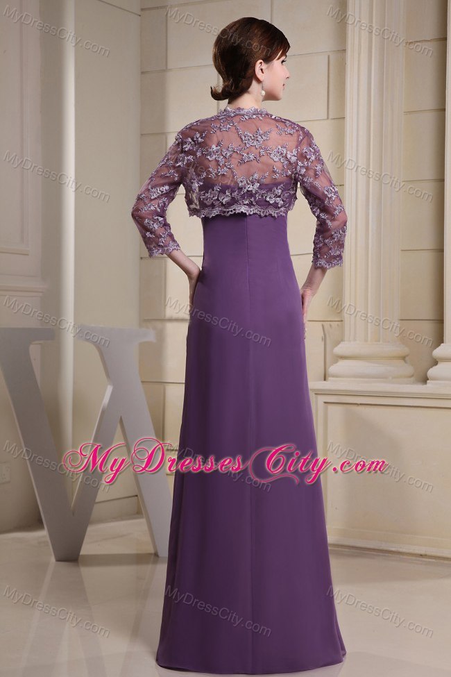 Simple Purple Floor-length Ruching Chiffon Mother Of The Bride Dress with Lace Jacket