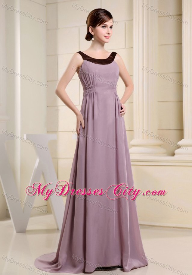 Light Purple Brush Train Scoop Neck Mother Of The Bride Dress with Black Hem and Ruche
