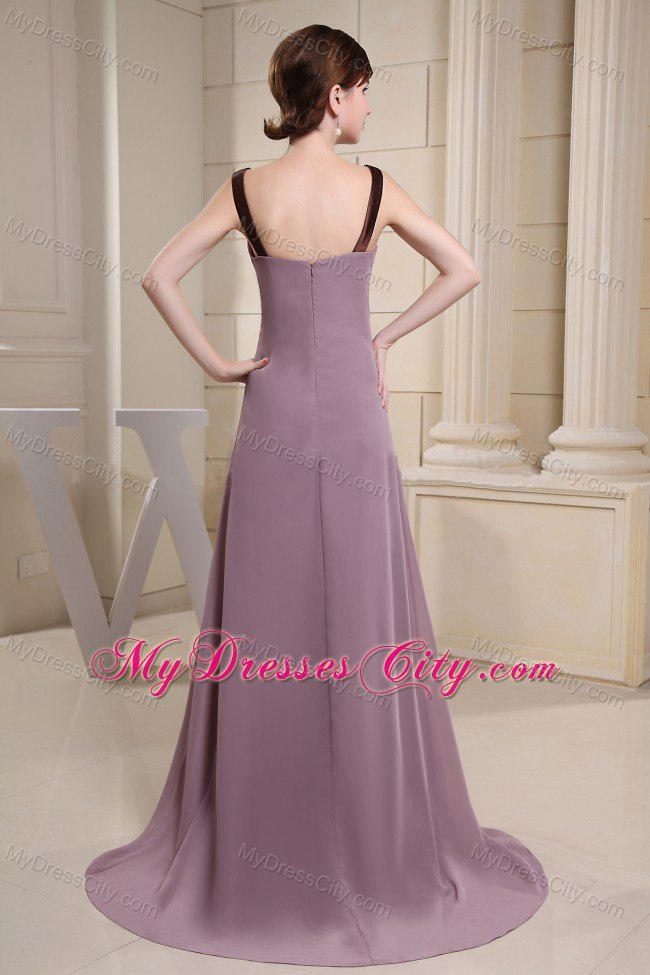 Light Purple Brush Train Scoop Neck Mother Of The Bride Dress with Black Hem and Ruche