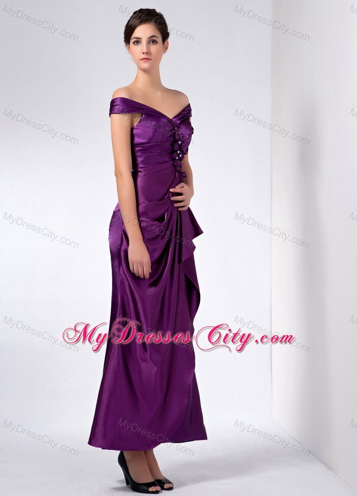 Purple Column Off The Shoulder Ankle-length Taffeta Beaded Mothers Dresses with Ruche