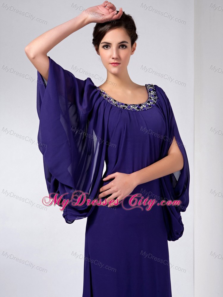 Purple Column Scoop Ankle-length Beaded Mother Of The Bride Dress with Big Fan Sleeves