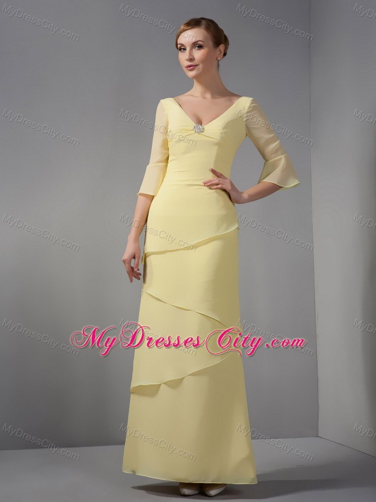 Yellow Column V-neck Ankle-length Half Sleeves Mothers Dresses with Layers and Rhinestones