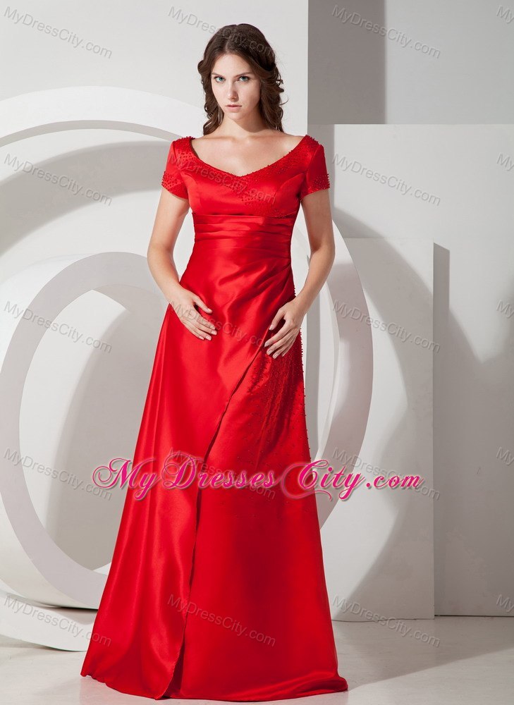 Red Column Sheath Scoop Taffeta Floor-length Mother of the Bride Dress with Short Sleeves