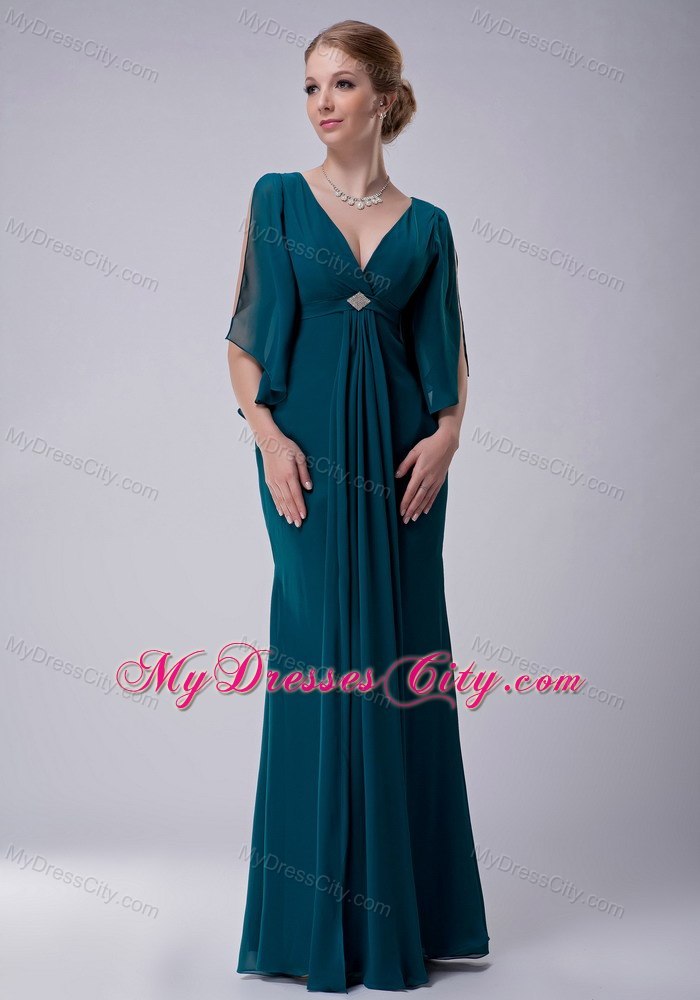 Turquoise Empire V-neck Floor-length Beading Decorate Mother Dress with Butterfly Sleeves