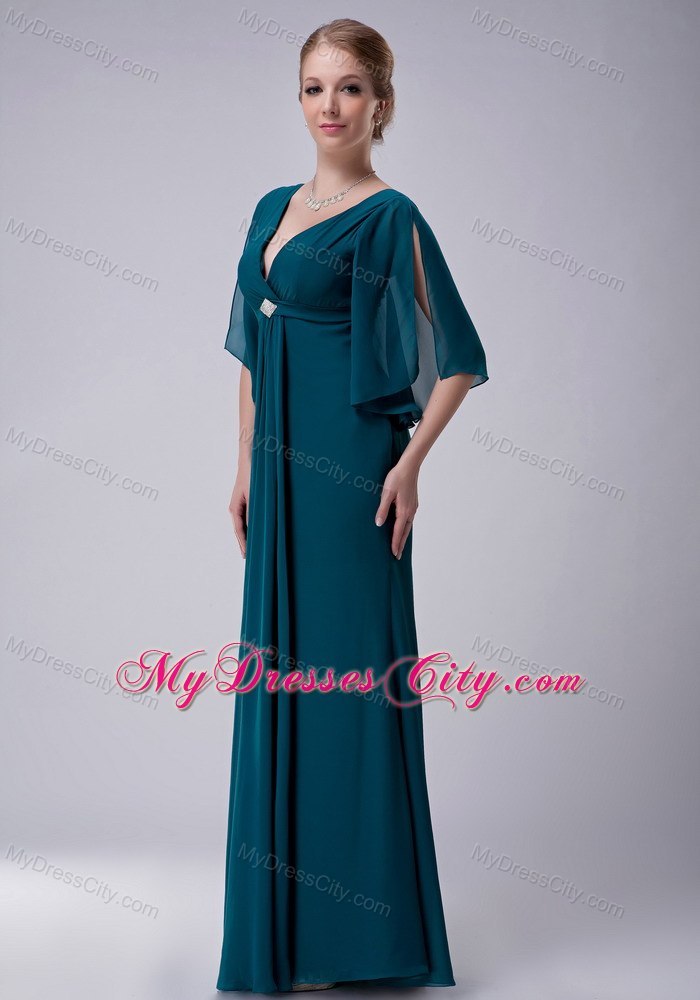 Turquoise Empire V-neck Floor-length Beading Decorate Mother Dress with ...
